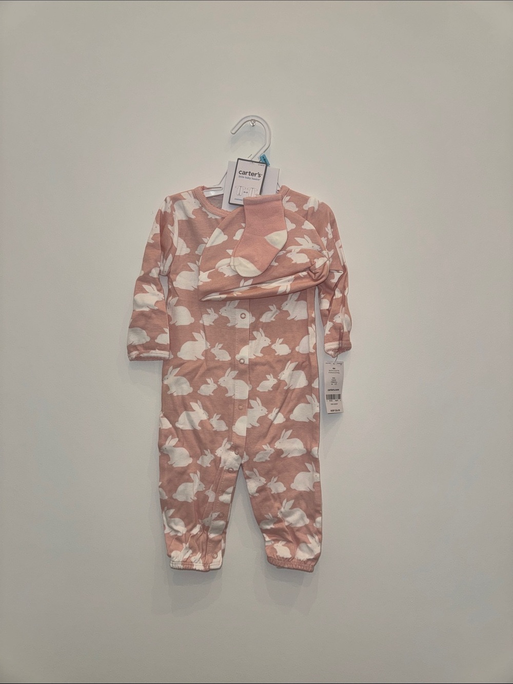 NWT Carter's White Bunny Print Pink Footed One-Piece with Matching Hat and Socks